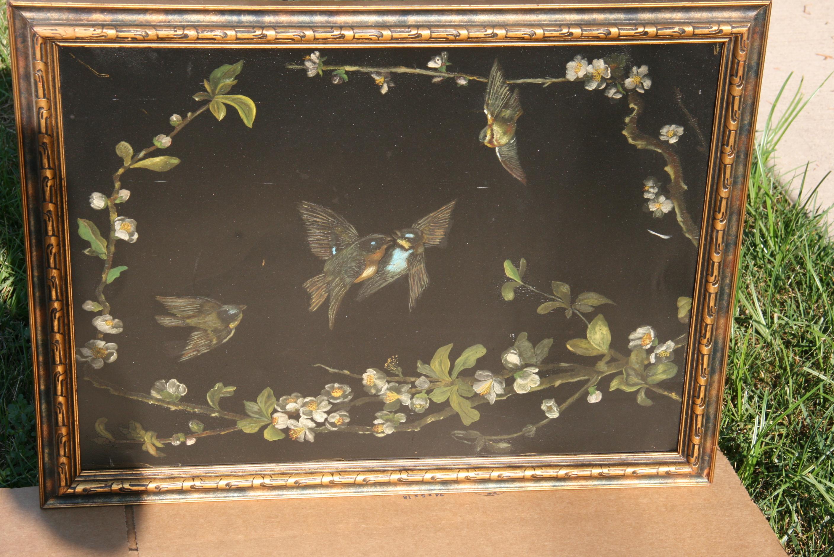 Victorian Birds and Flowers Oil Painting on Metal Panel circa 1890's - Black Landscape Painting by Unknown