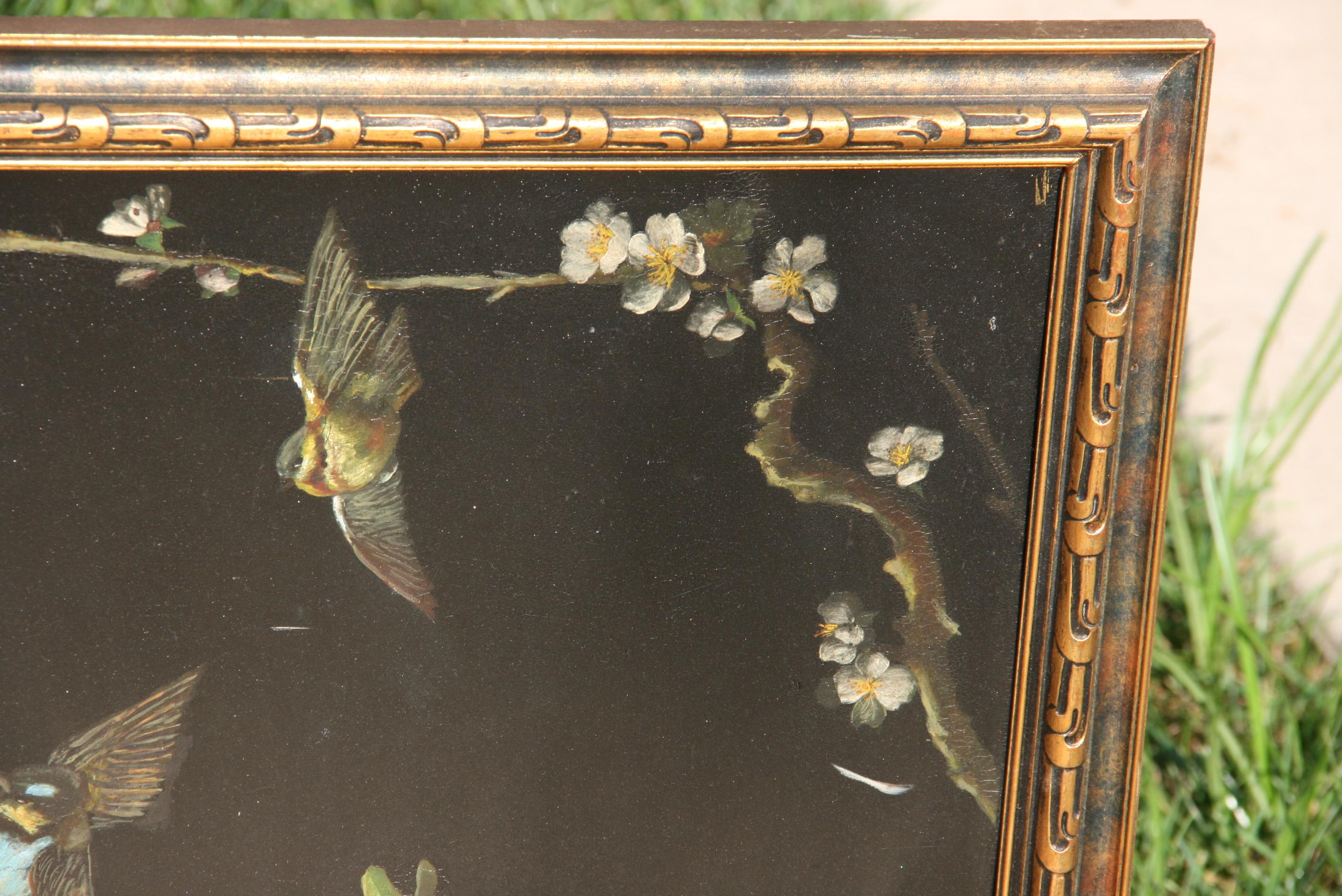 Victorian Birds and Flowers Oil Painting on Metal Panel circa 1890's 3