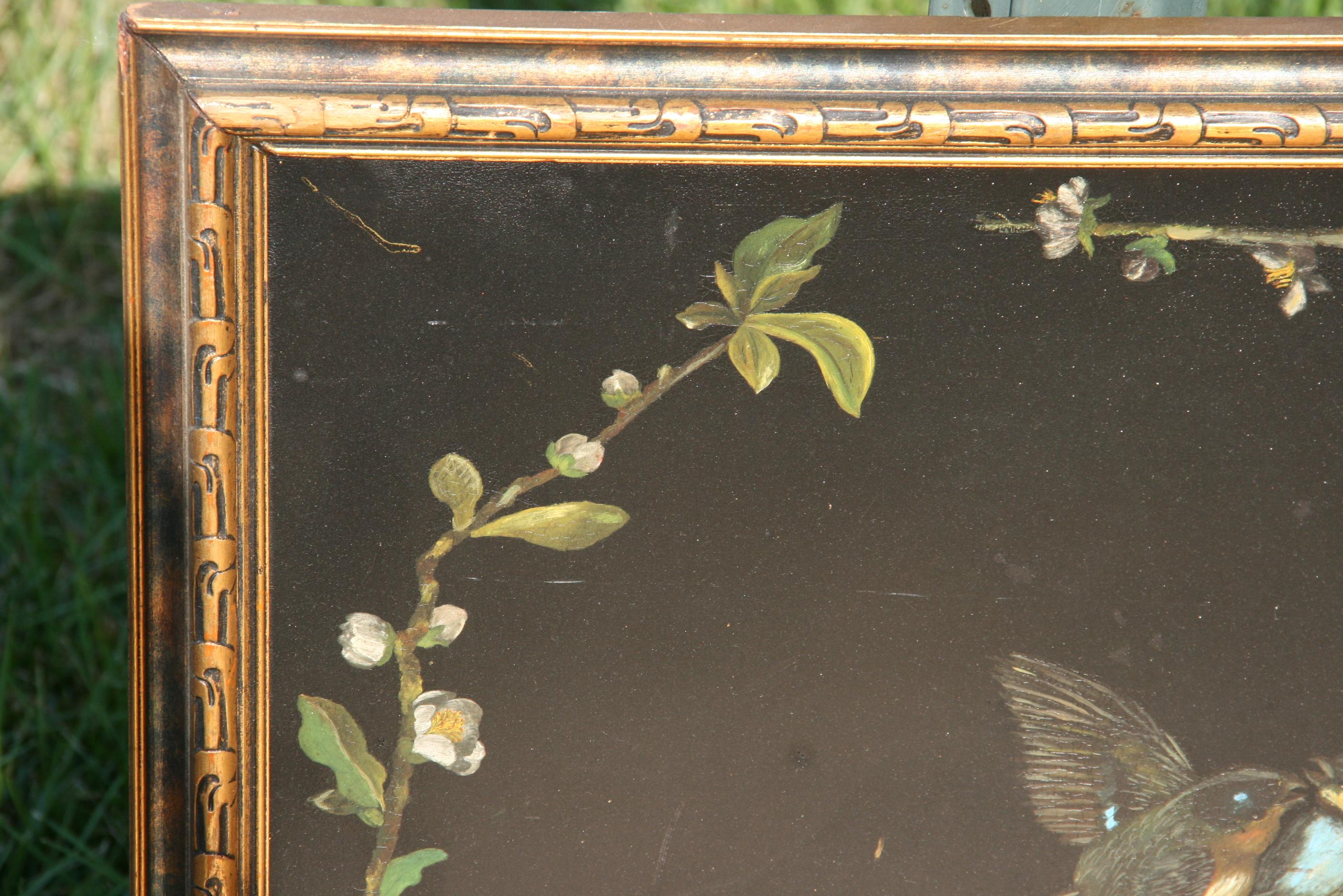 Victorian Birds and Flowers Oil Painting on Metal Panel circa 1890's 6