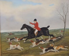 Victorian English Oil Painting Huntsman and Hounds in full cry, Sporting Art