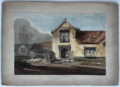 Victorian English Village Church Cottage Scene Antique Watercolor Painting 1865