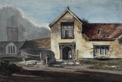 Victorian English Village Church Cottage Scene Antique Watercolor Painting 1865