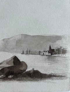 Victorian Harbour Landscape with Fisherman Watercolour L J Wortley