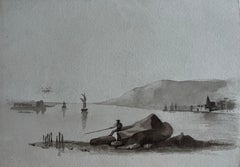 Victorian Harbour Landscape with Fisherman Watercolour L J Wortley