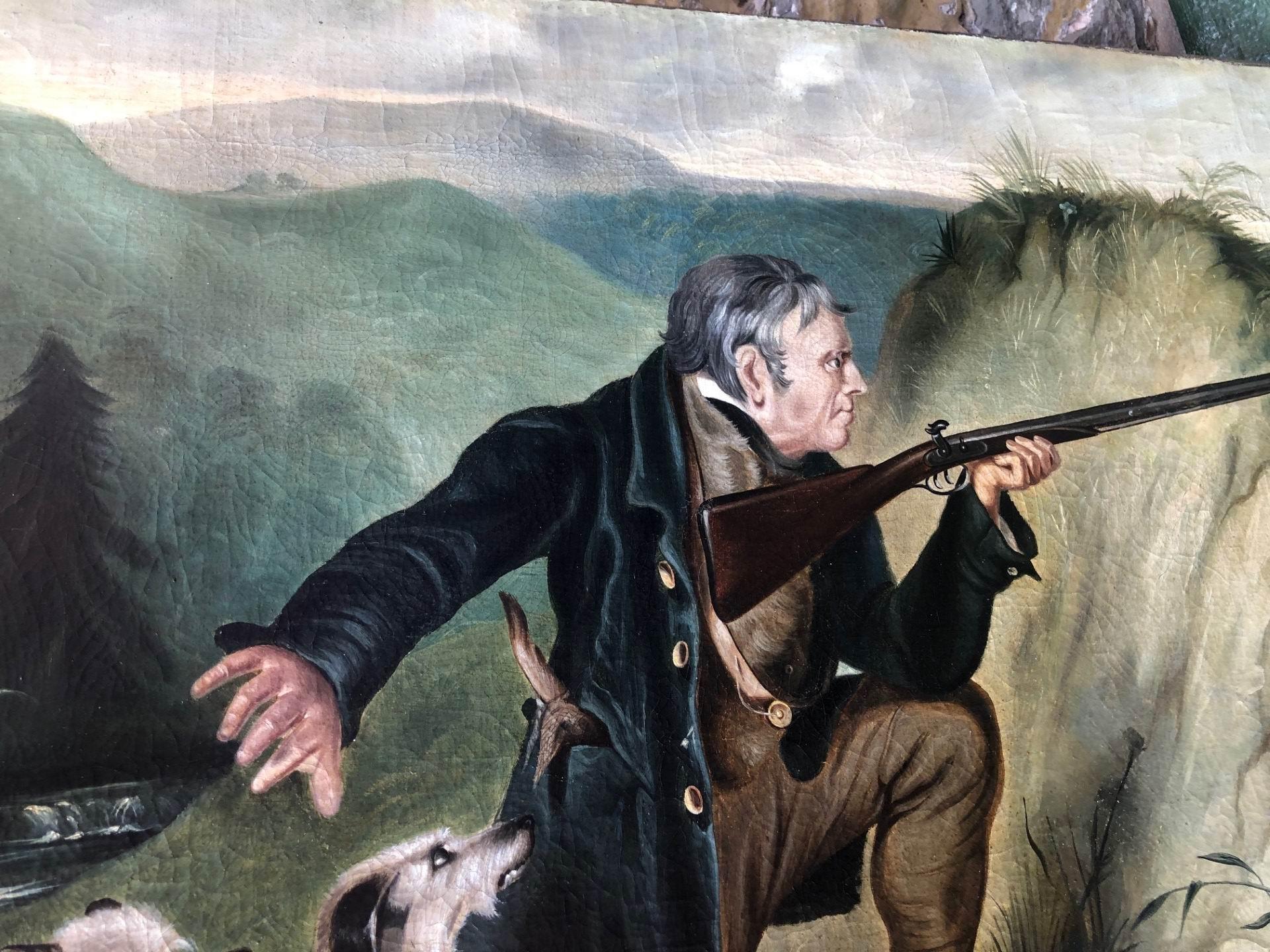 Victorian Hunting Shooting Scene Landscape Oil Rifleman and Hunting Dogs - Black Figurative Painting by Unknown