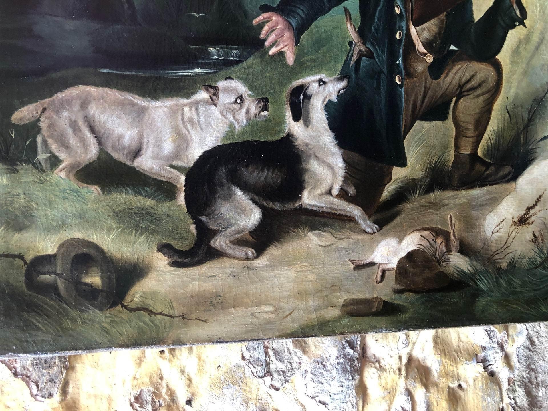 Victorian Hunting Shooting Landscape Scene, Large Oil Painting depicting a Rifleman and his  Hunting Dogs, gun cocked to shoot.

This is a large Oil Painting on Canvas, it came from a Country Estate in the UK.  It is housed in its original restored