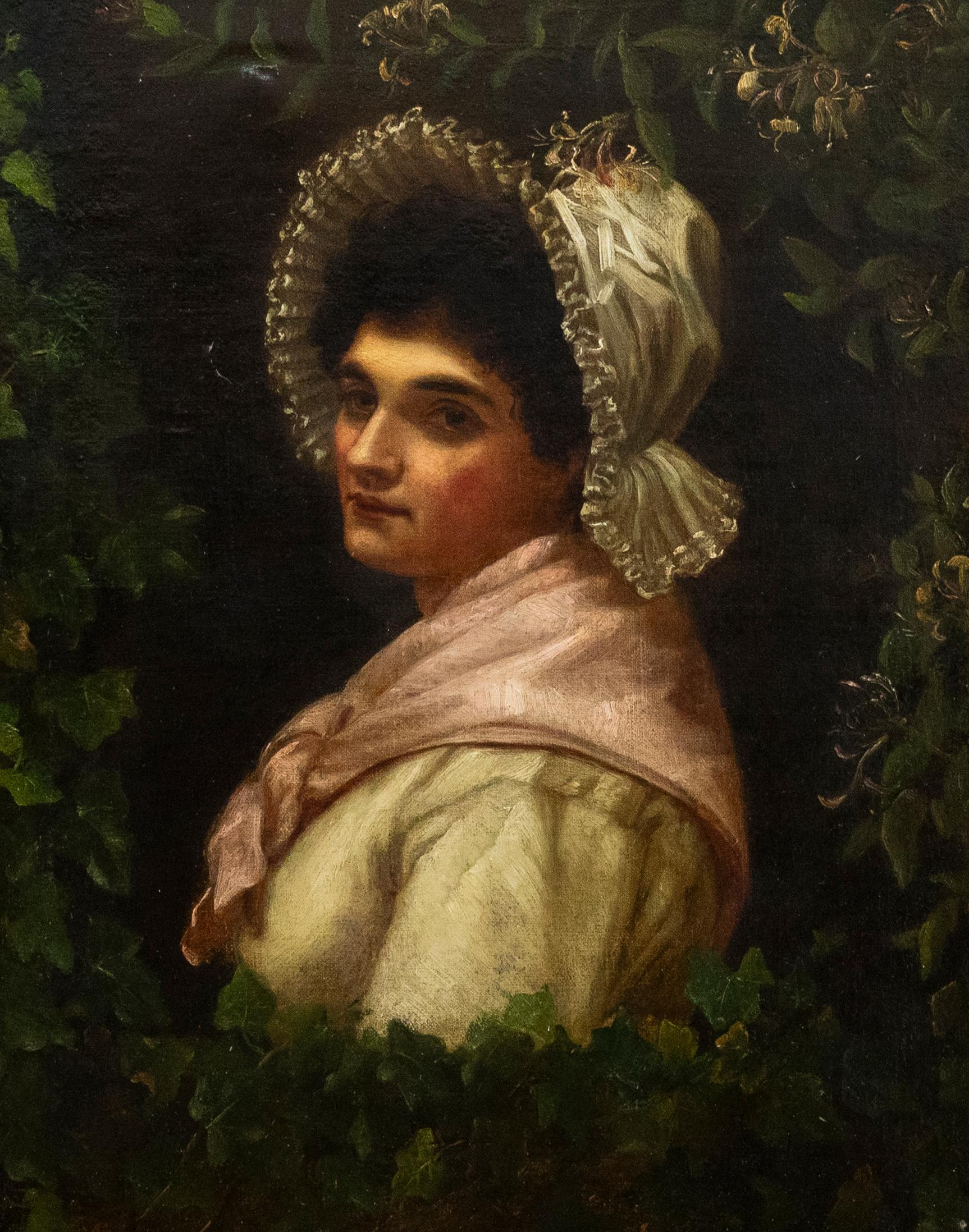 Victorian School  19th Century Oil - Woman Through an Ivy Wreath - Painting by Unknown