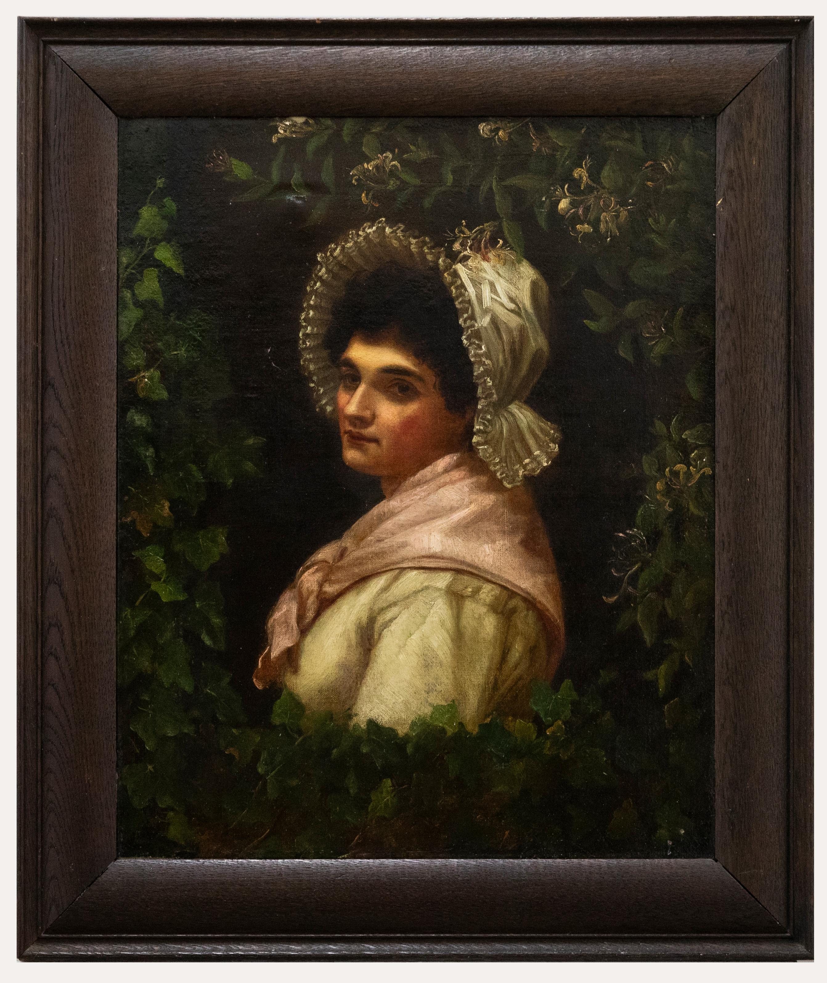 Unknown Portrait Painting - Victorian School  19th Century Oil - Woman Through an Ivy Wreath