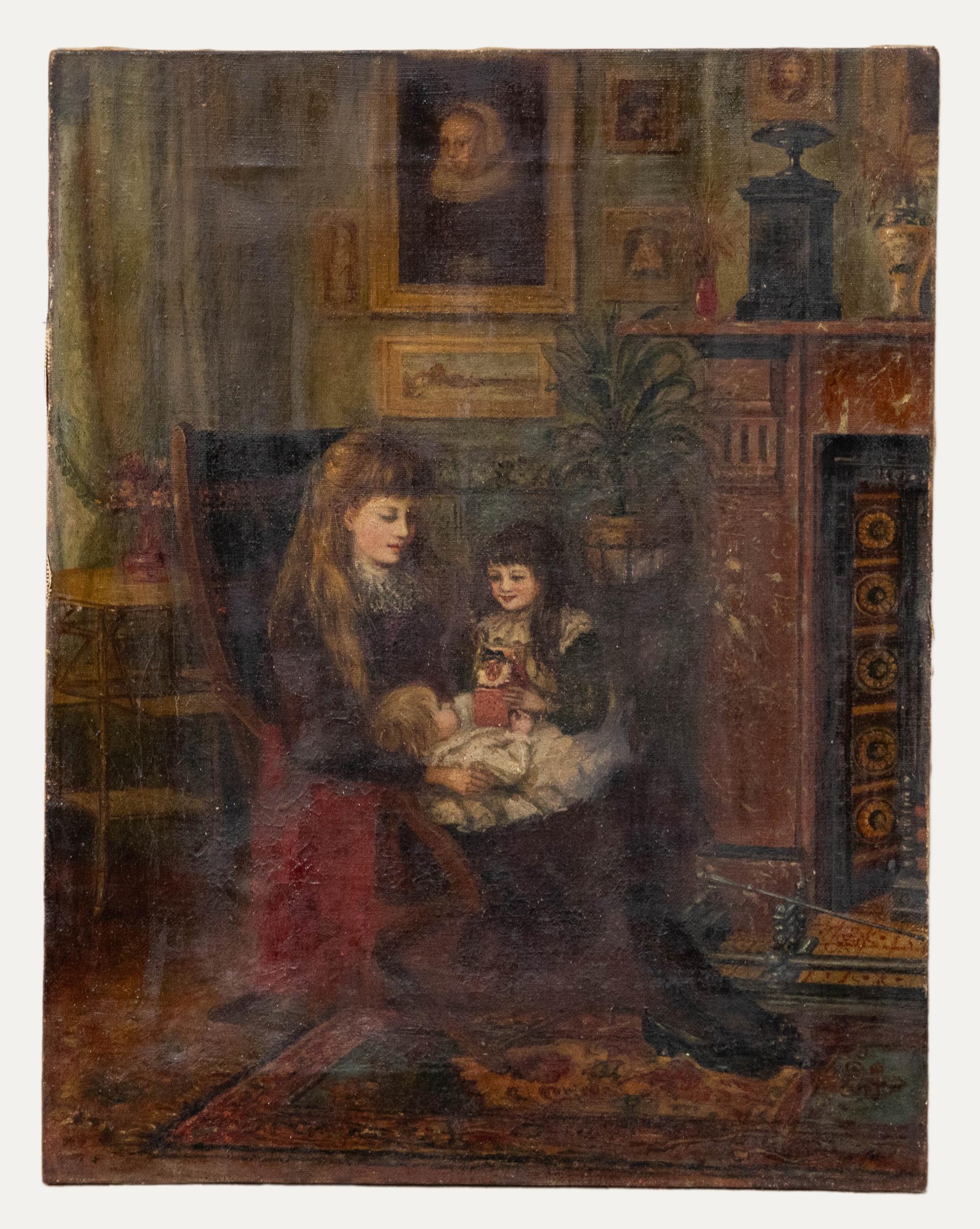Victorian School Late 19th Century Oil - Sisters in the Drawing Room - Painting by Unknown