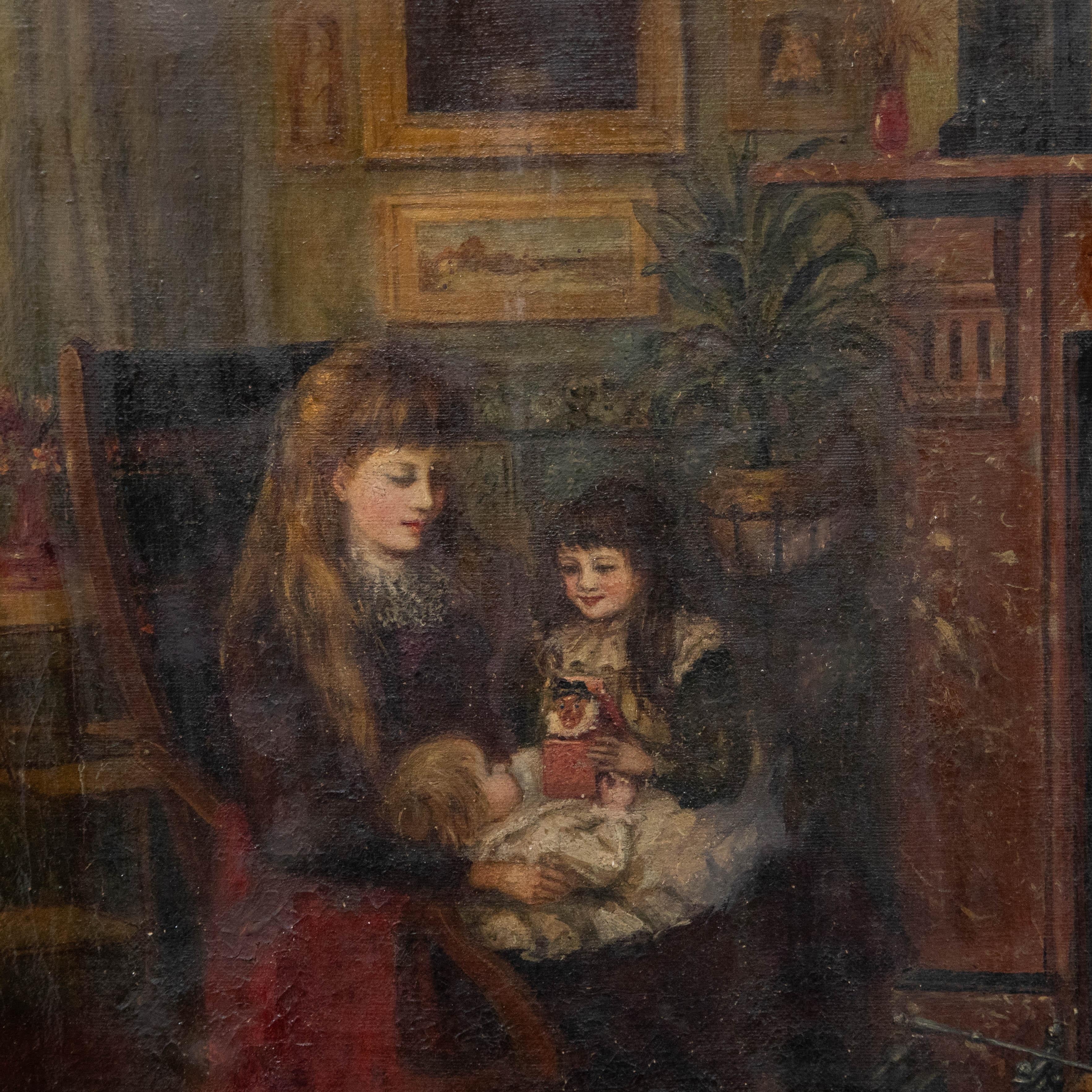 Victorian School Late 19th Century Oil - Sisters in the Drawing Room For Sale 1
