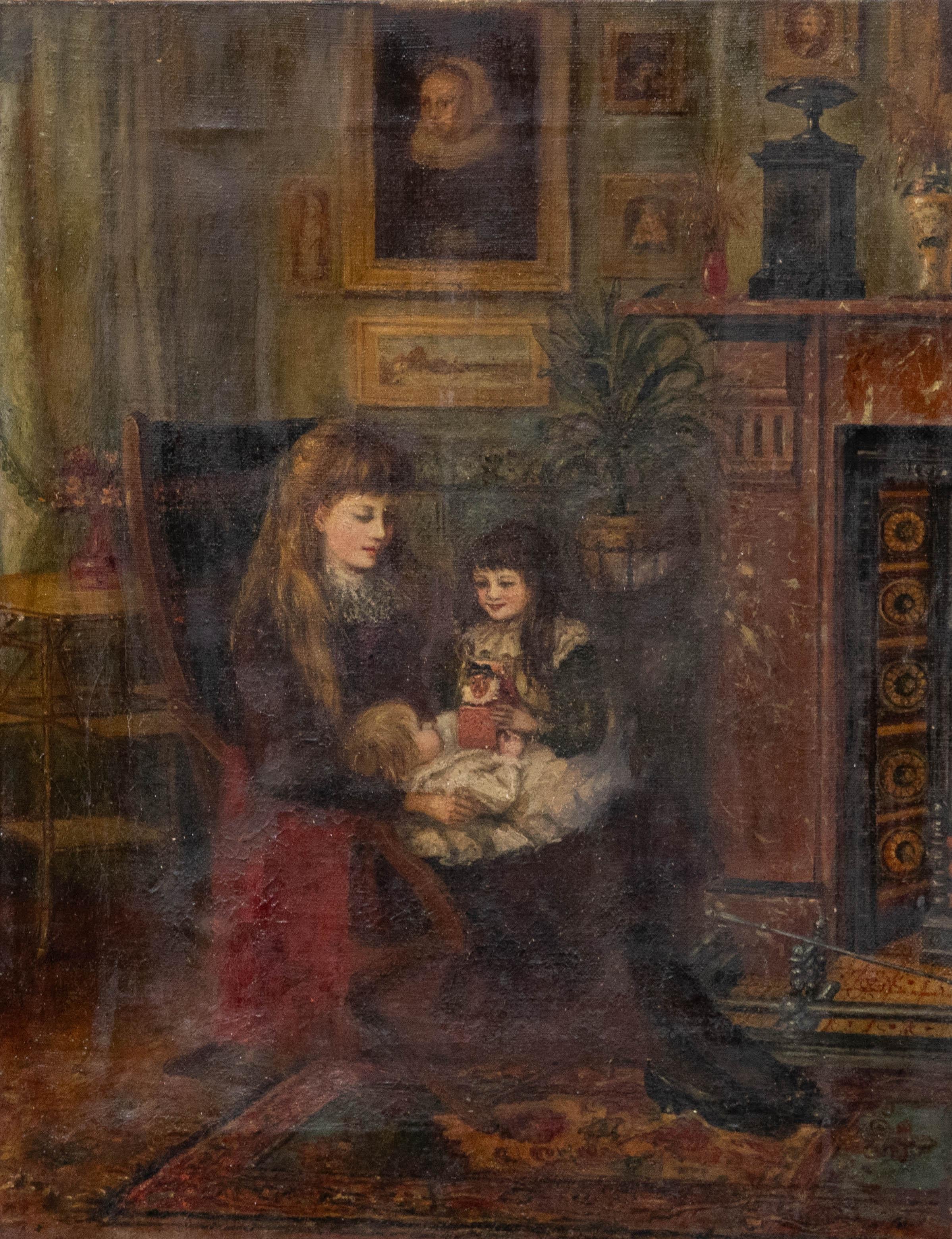 Unknown Figurative Painting - Victorian School Late 19th Century Oil - Sisters in the Drawing Room