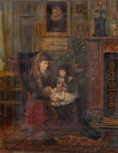 École victorienne Fin du 19e siècle Huile - Sœurs dans le The Drawing Room