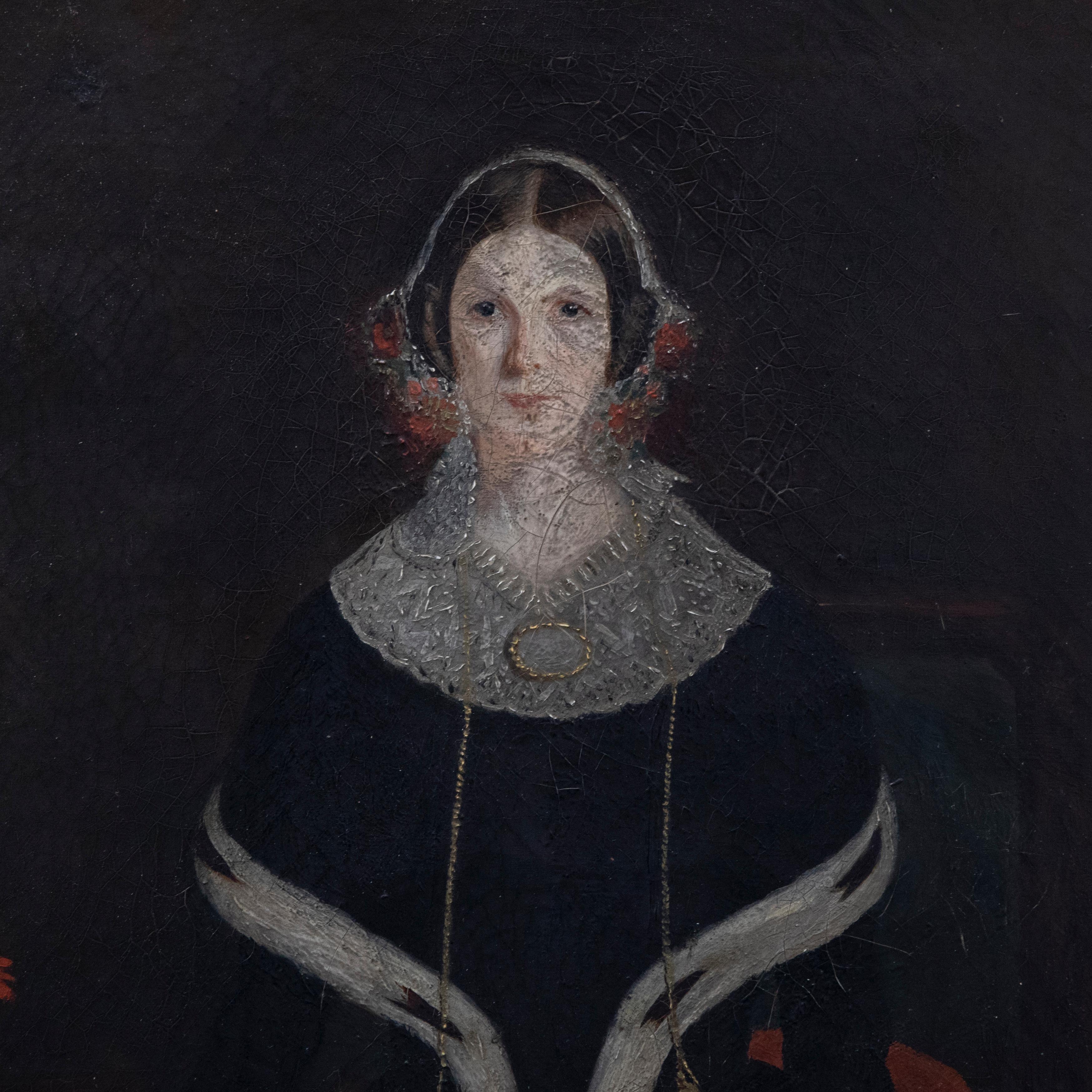 A charming portrait study depicting a Victorian woman in half-mourning. He wears a traditional black dress to symbolise her grief along with smaller details such as the mourning ring on her right hand. She also holds a pink dianthus to show her