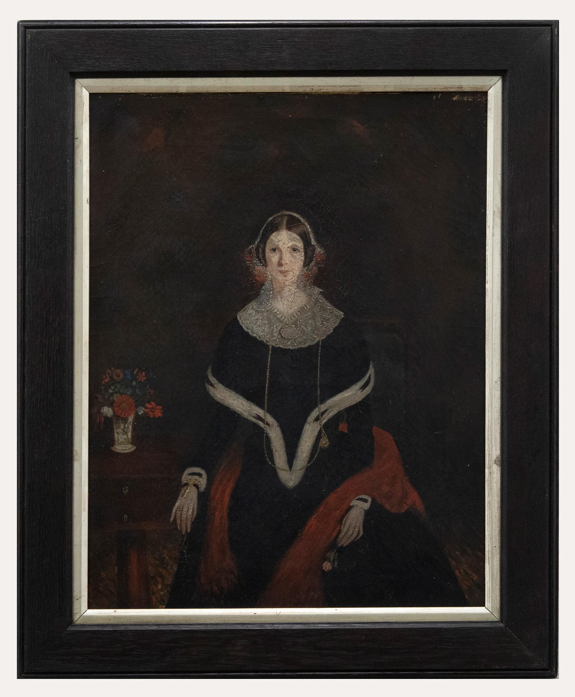 Unknown Portrait Painting - Victorian School Mid 19th Century Oil - Lady in Half-Mourning