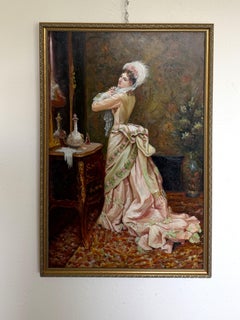 Pintura al Óleo Interior Estilo Victoriano Elegante Dama con Vestido Rosa, Enmarcada