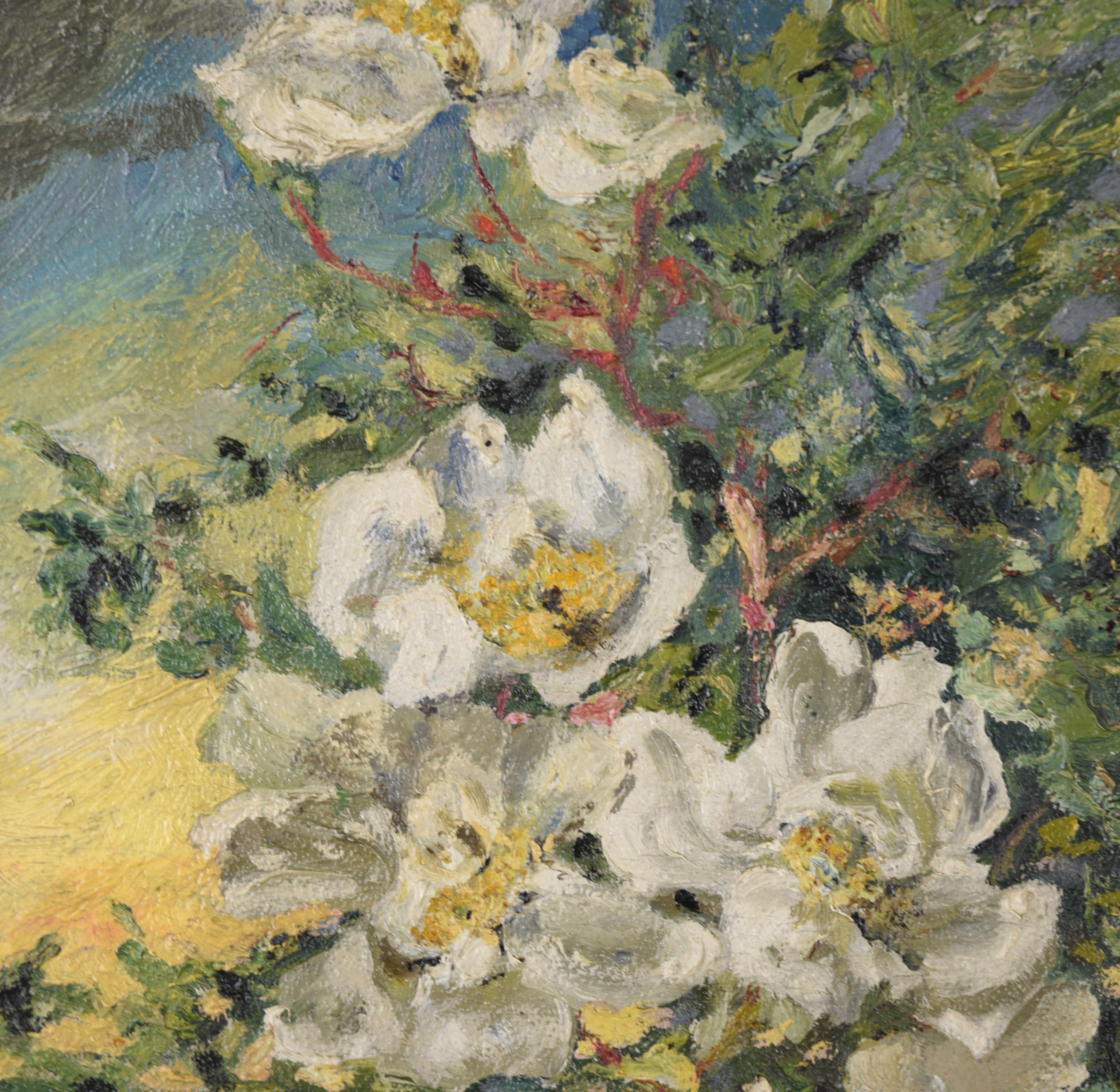 Victorian Sunset Floral with Sally Holmes Rose - Beige Still-Life Painting by Unknown