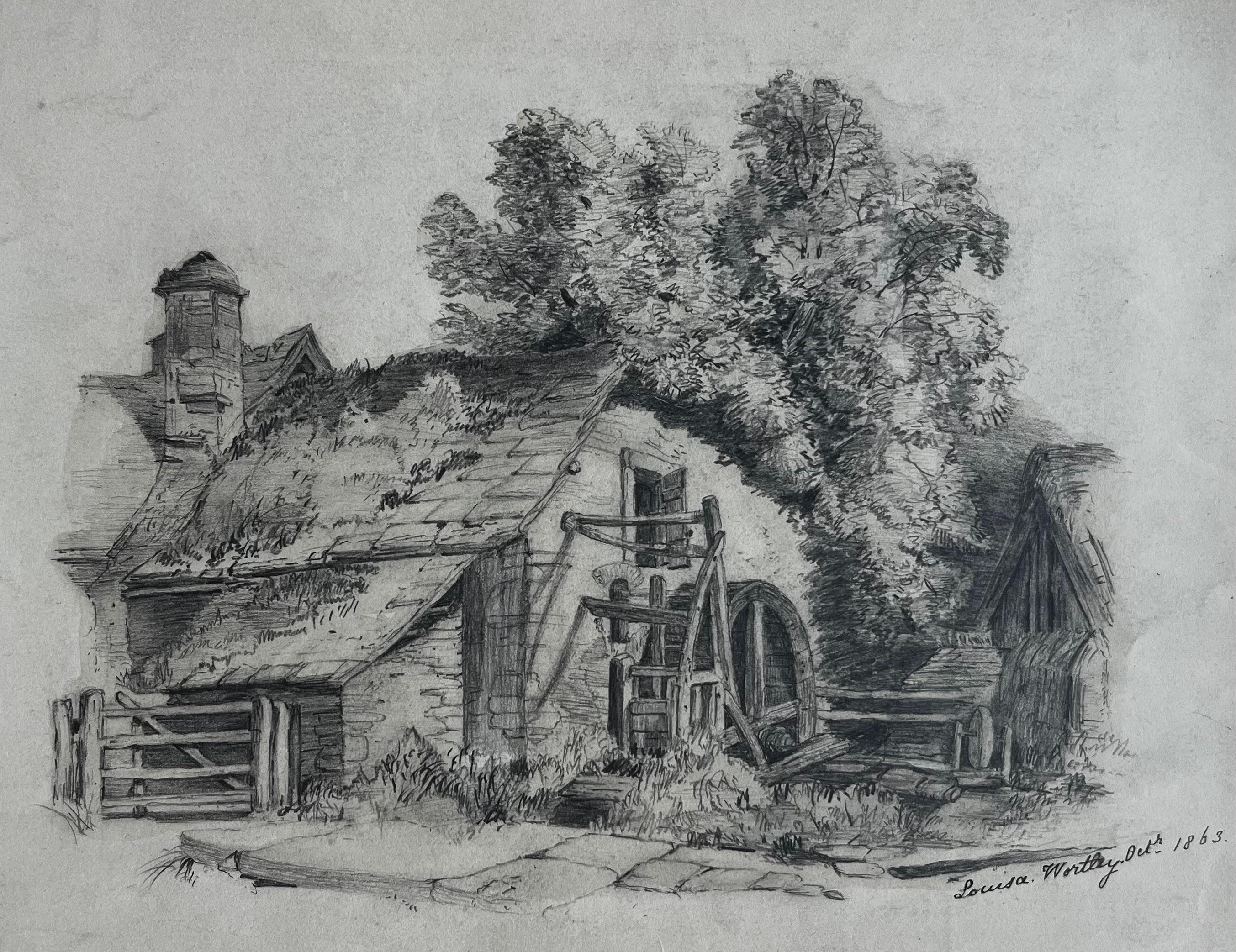 Disegno vittoriano del paesaggio rurale del cottage del mulino ad acqua Louisa Wortley 1863