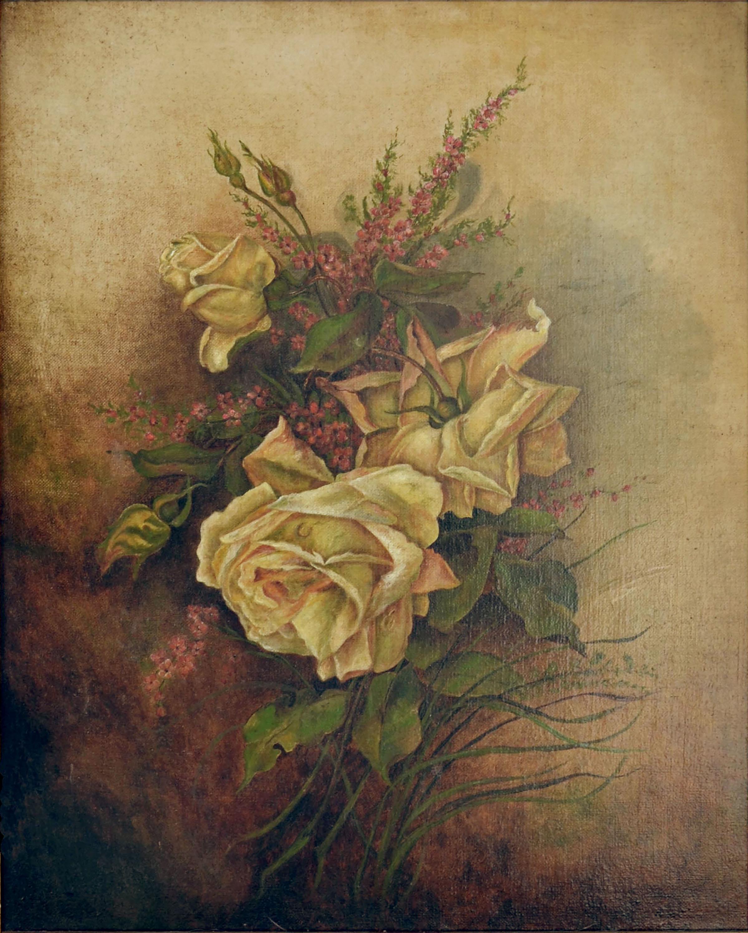 Early 20th Century Victorian Yellow Rose & Heather Floral Still Life  - Painting by Unknown