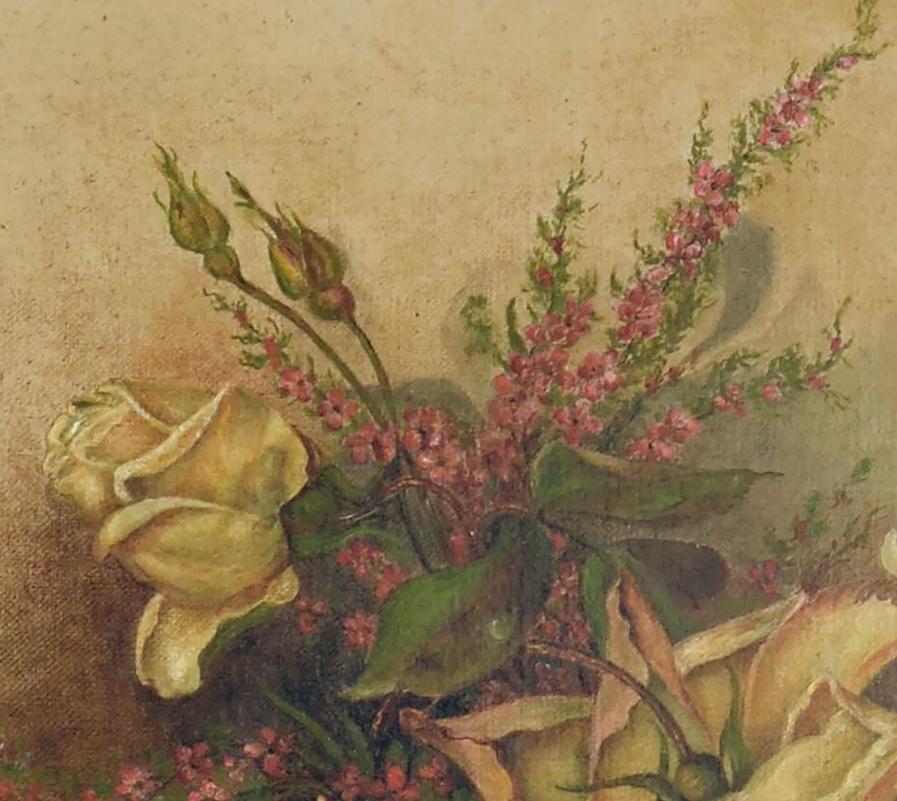 Early 20th Century Victorian Yellow Rose & Heather Floral Still Life  - American Impressionist Painting by Unknown