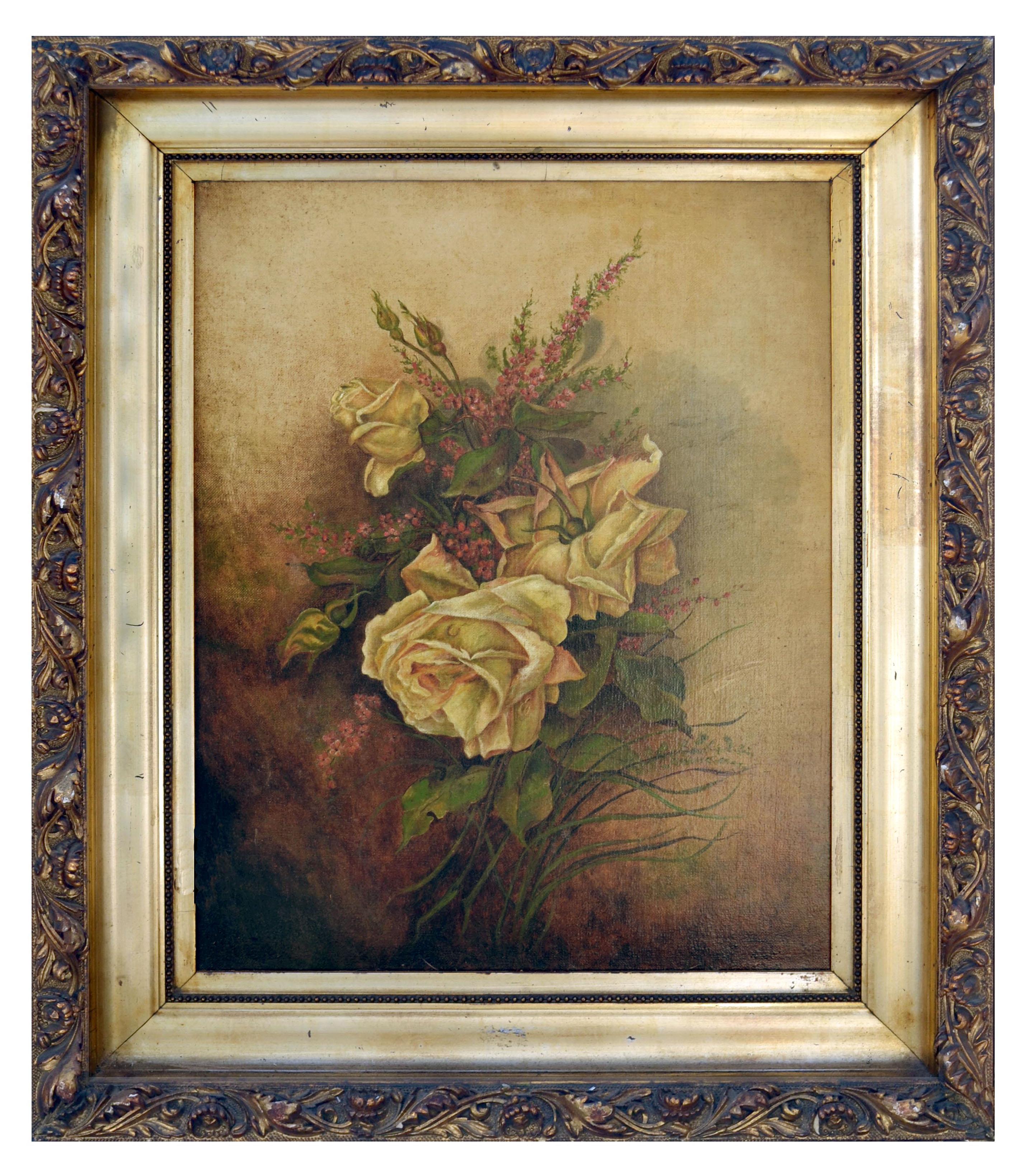 Unknown Still-Life Painting - Early 20th Century Victorian Yellow Rose & Heather Floral Still Life 