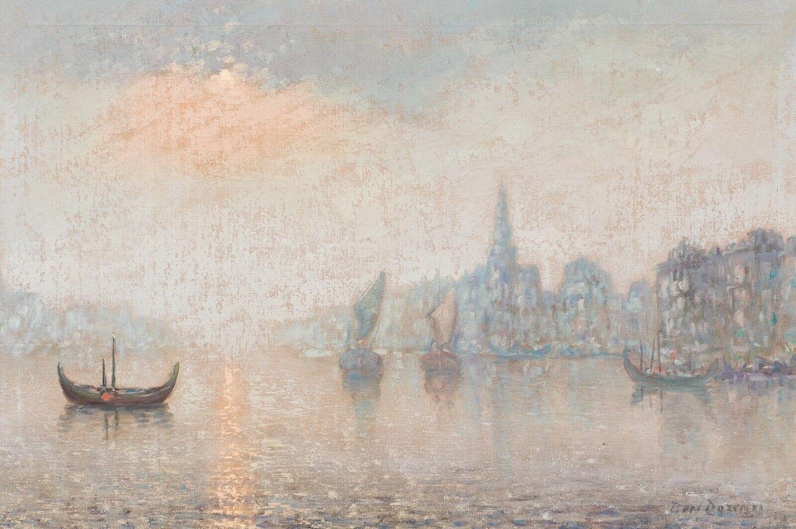 Unknown Landscape Painting – View Of A City At Night From The River, um 1900