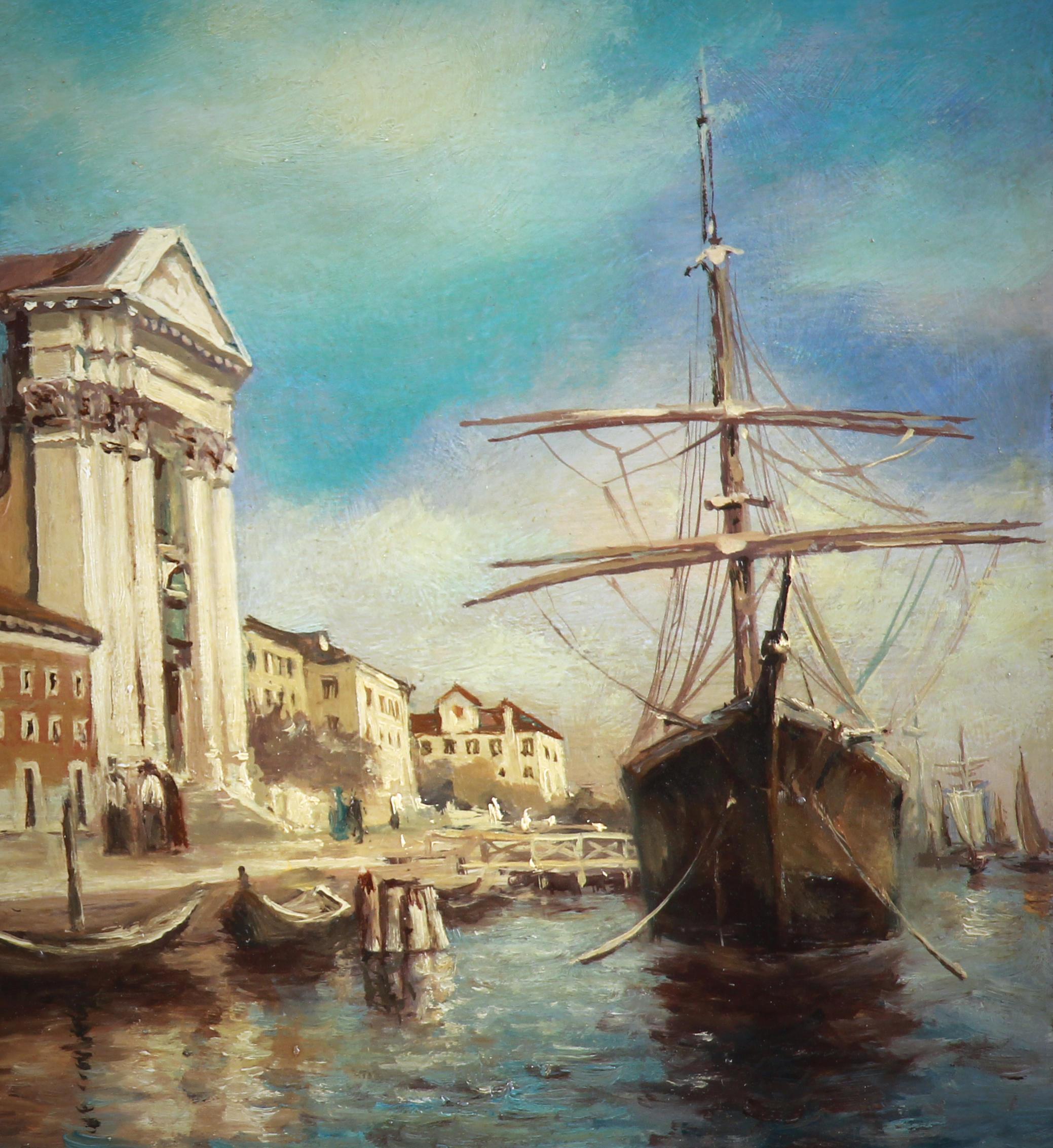 Veduta di un porto veneziano dipinto a olio su tavola 2Oth C. - Painting di Unknown