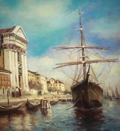 Veduta di un porto veneziano dipinto a olio su tavola 2Oth C.