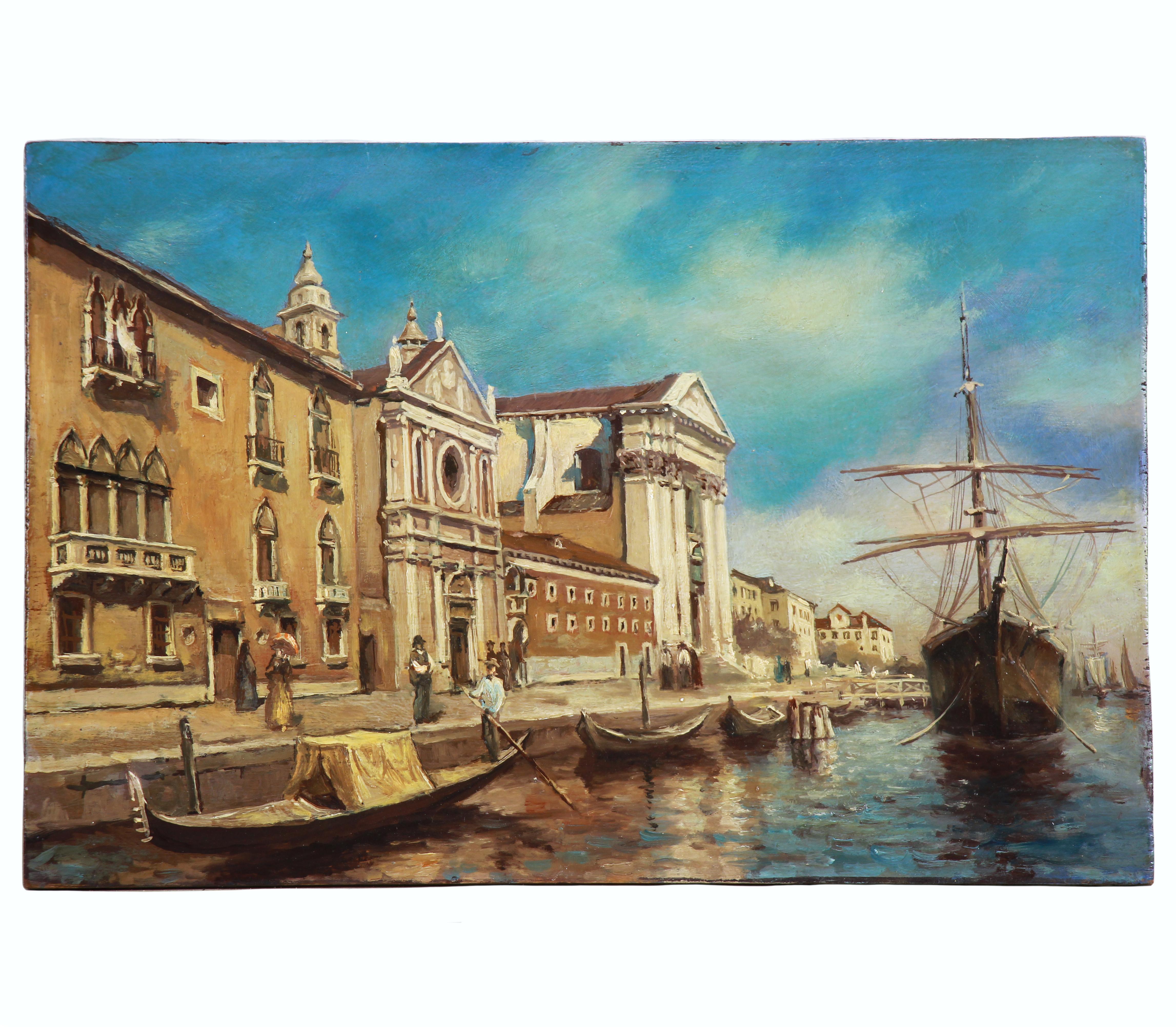 Veduta di un porto veneziano dipinto a olio su tavola 2Oth C. - Painting Impressionismo di Unknown