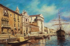 Veduta di un porto veneziano dipinto a olio su tavola 2Oth C.
