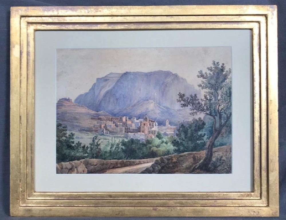 Vista de Capri. Vistas en acuarela francesa de Capri enmarcadas en oro y tituladas 