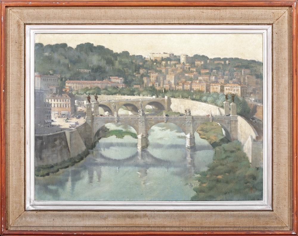 Landscape Painting Unknown - Vue du château de Sant Angelo, depuis la rivière Tibre, Rome, début du 20e siècle