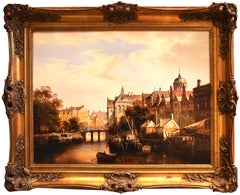 View of City in Northern Europe with Canals - Oil on Canvas 20th Century