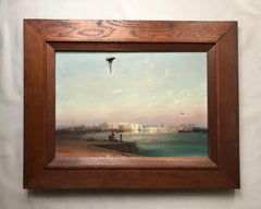 View Of Port, Orientalist Oil On Canvas Signed Godchaux, To Be Restored