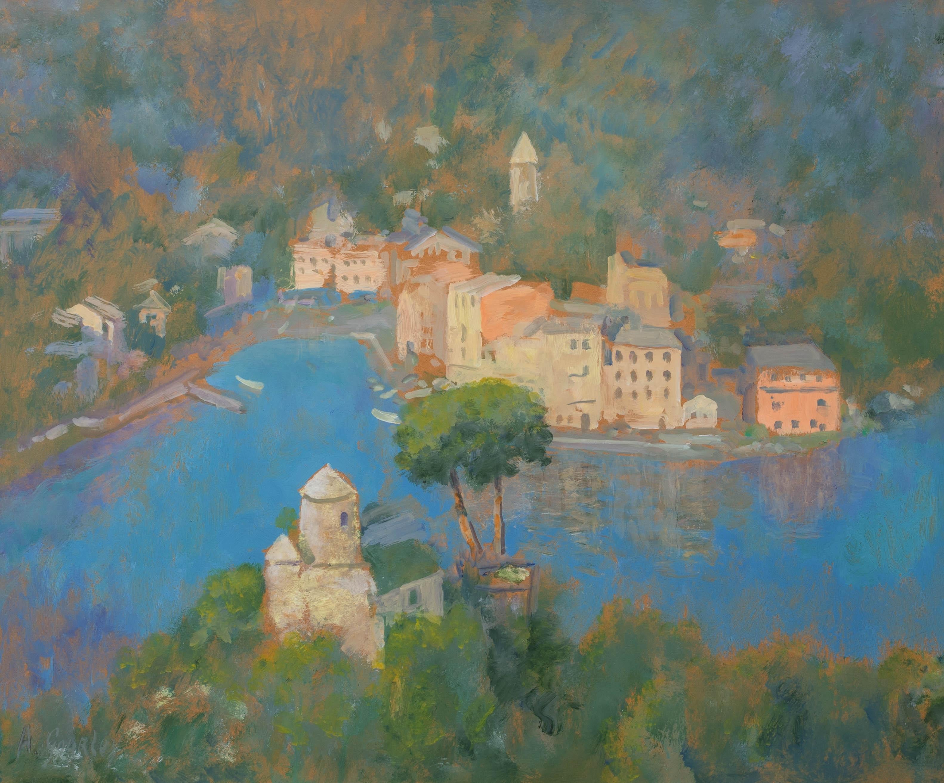Veduta di Portofino, XX secolo

ALAN STENHOUSE GOURLEY ROI (SCOZZESE 1909-1991)

Grande paesaggio del XX secolo di Portofino, Riviera italiana, olio su tavola di Alan Stenhouse Gourley. Vista topografica della Riviera di Portofino con ville e alberi