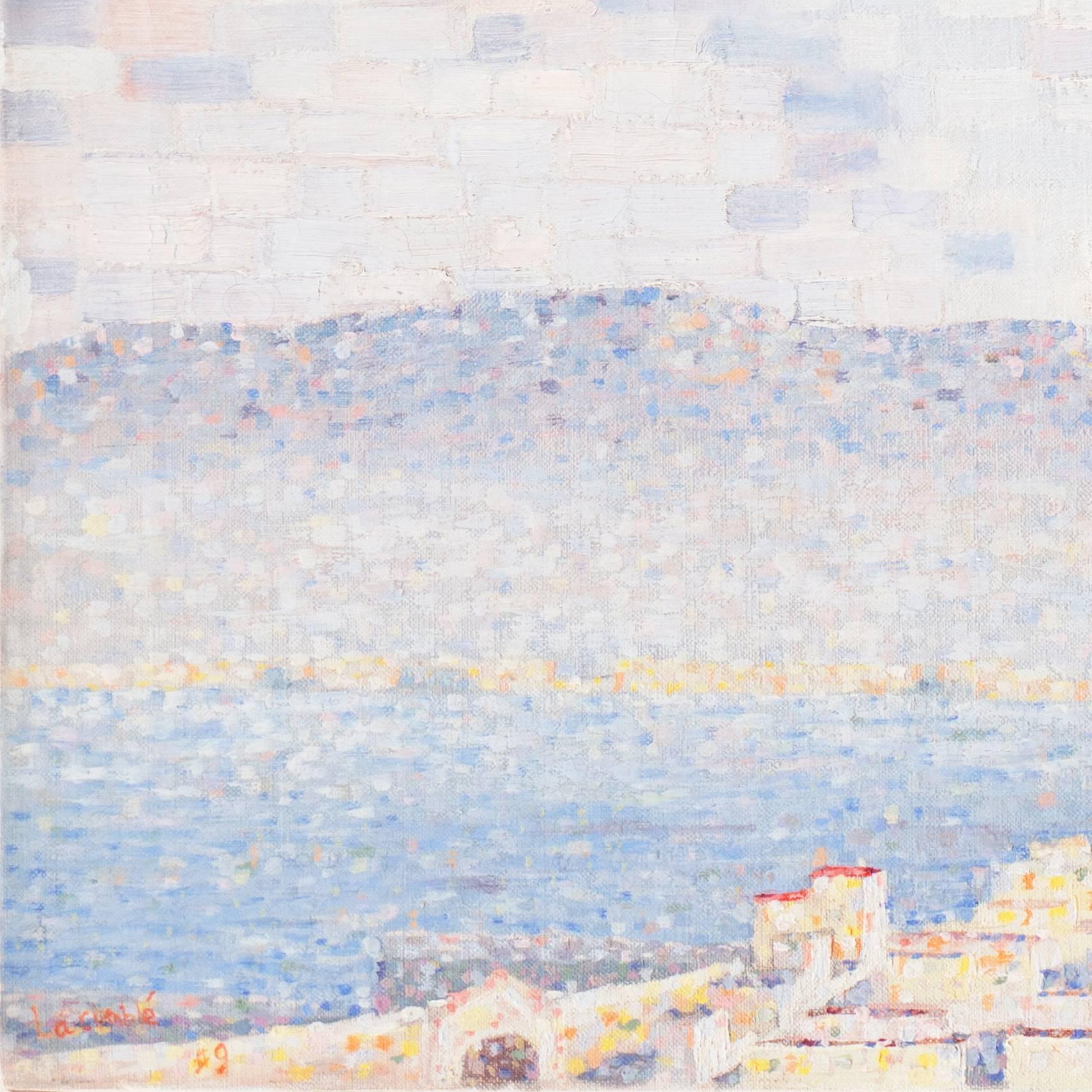 'View of San Francisco with Coit Tower', Bay Area, California, Pointillist Oil - Gray Landscape Painting by Unknown