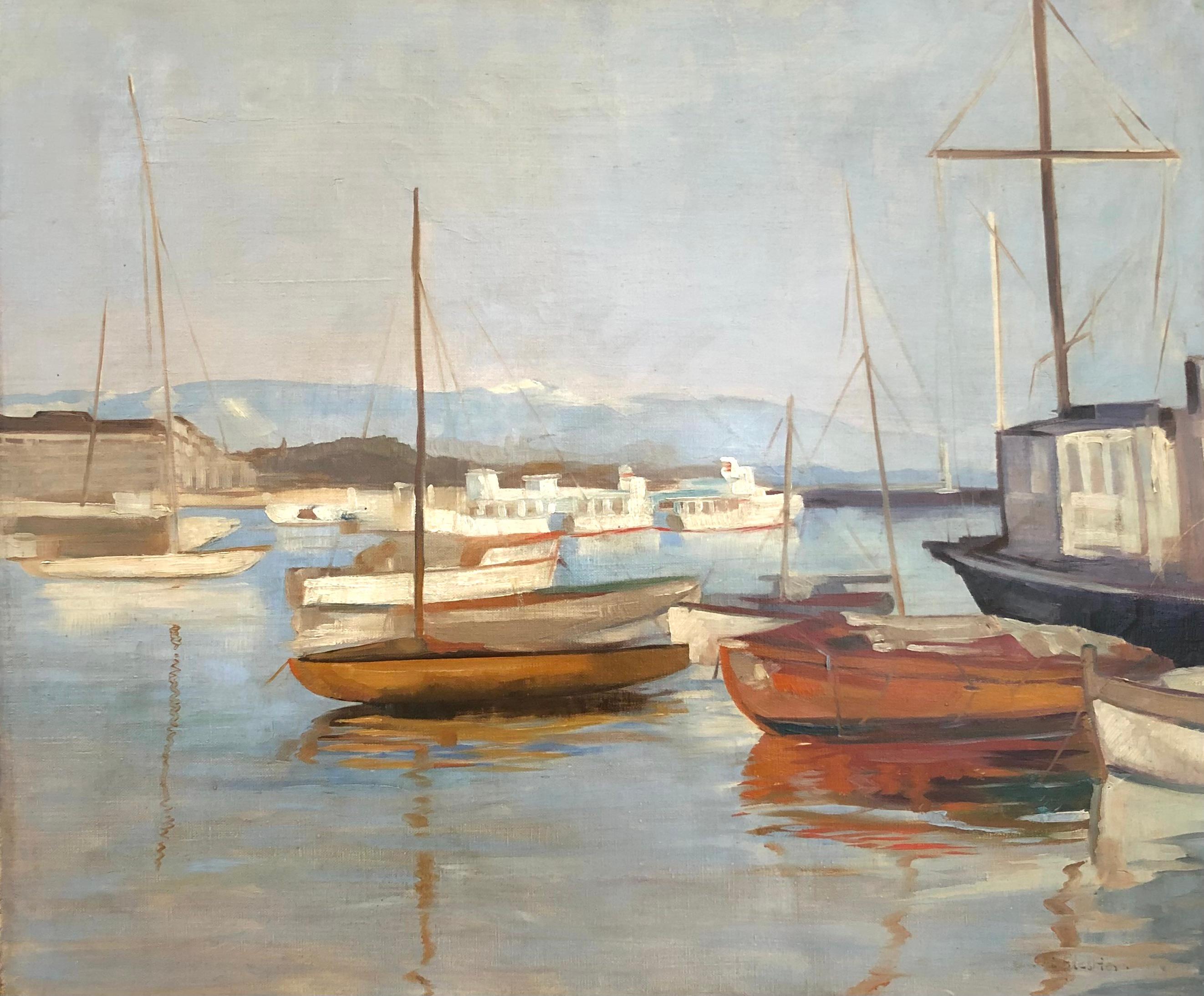 Unknown Landscape Painting - View of the Geneva Harbor and the Jura
