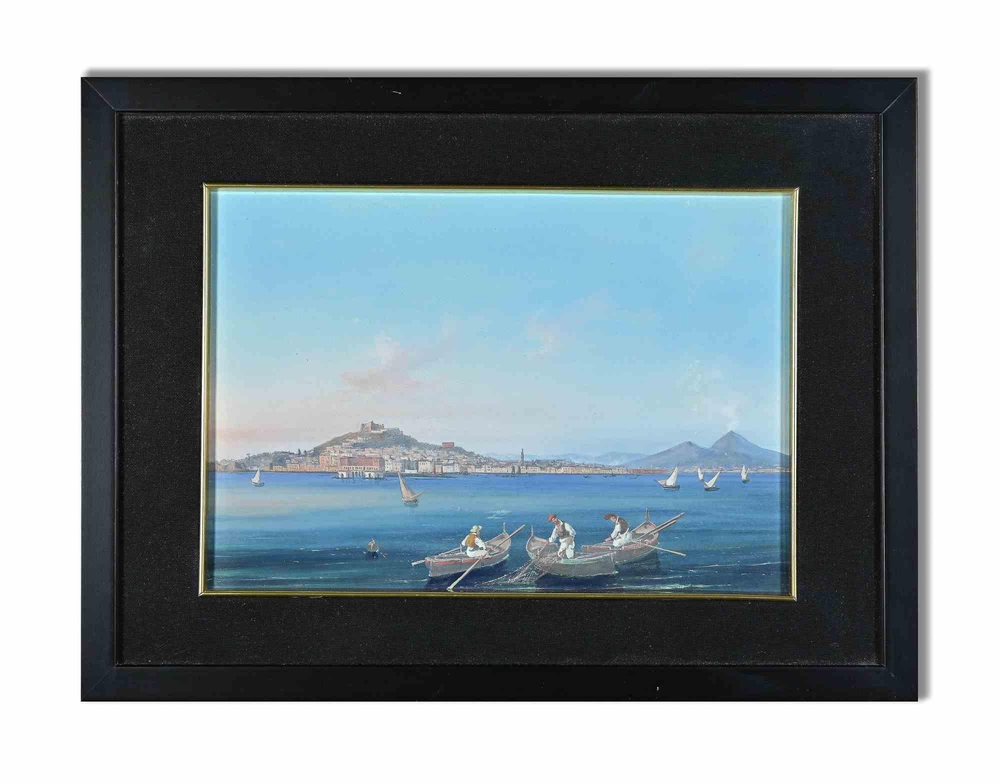 View of the Gulf of Naples, with Vesuvius on the background-Gouache-19th Century - Painting by Unknown