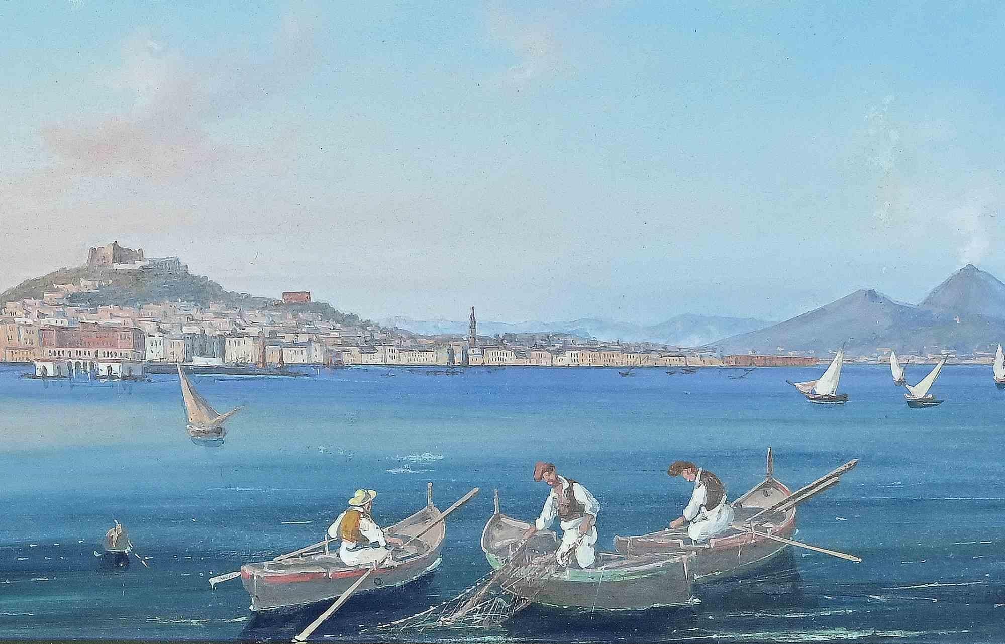Landscape Painting di Unknown - Veduta del Golfo di Napoli, con il Vesuvio sullo sfondo-Guache del XIX secolo