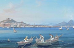 Blick auf den Golf von Neapel, mit Vesuv auf dem Hintergrund – Gouache, 19. Jahrhundert