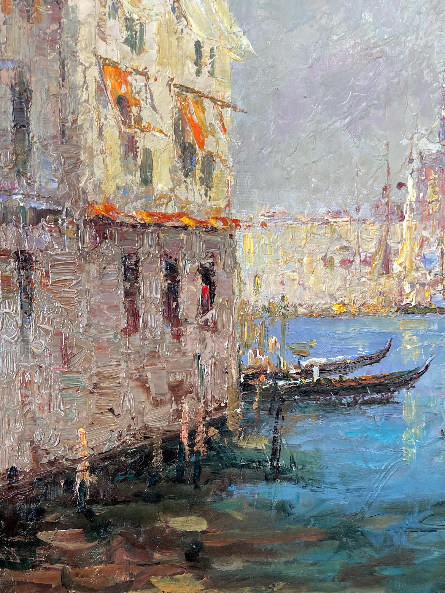 Un óleo magistral que representa una vista de un canal de Venecia, firmado por Morgan en la parte inferior derecha. Esta detallada obra que representa escenas de la vida cotidiana y de las góndolas de Venecia es realmente impresionante. El artista