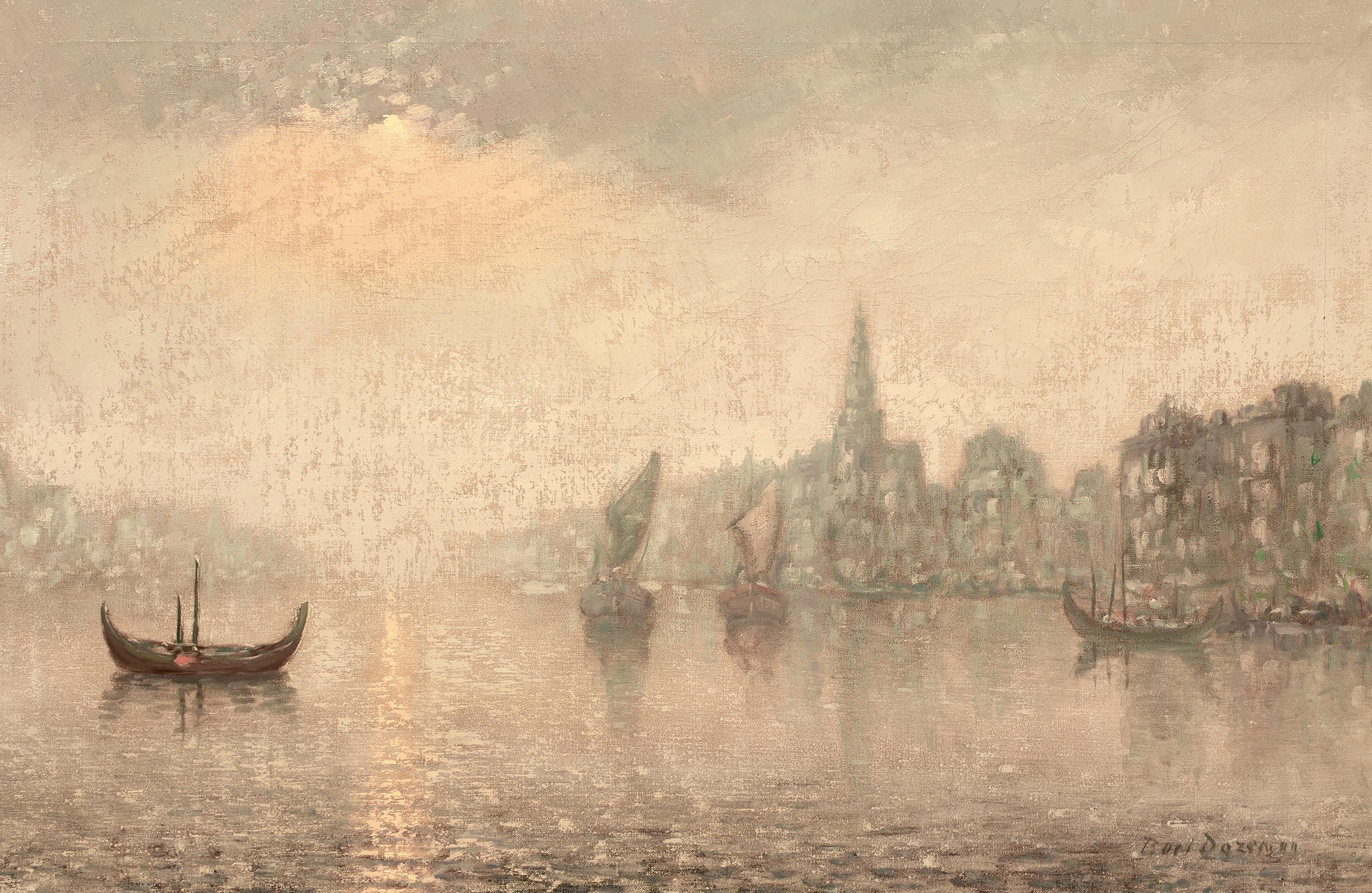 View Of Venice In The Moonlight, 19th Century  French Impressionist School - Beige Landscape Painting by Unknown