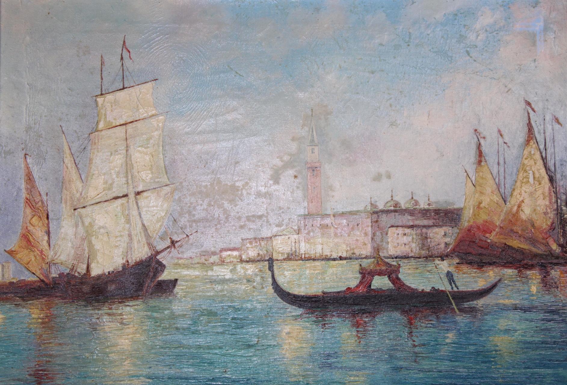 View of Venice, Original Antique Oil on Canvas, Impressionist, Large, Signed - Painting by Unknown