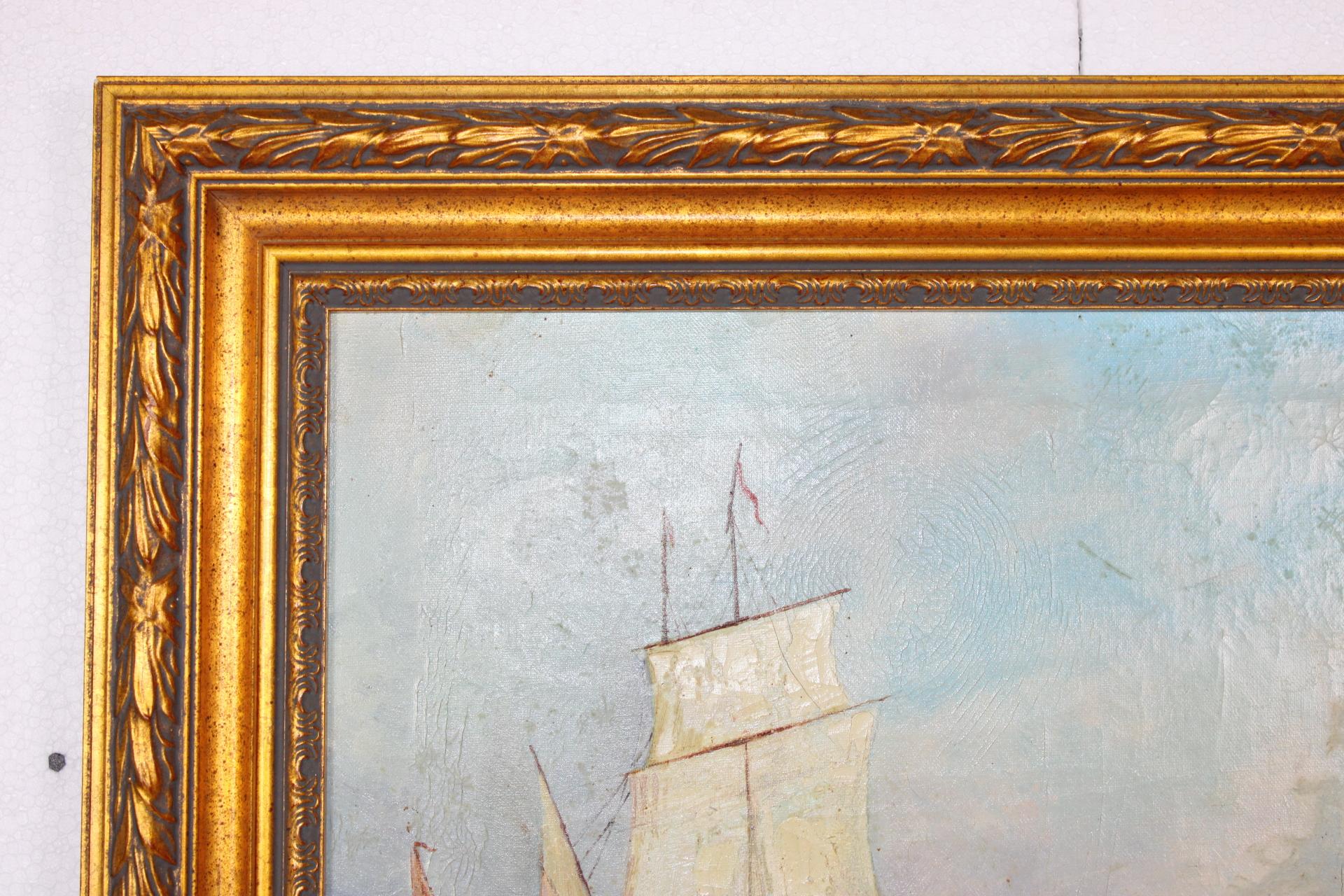 *Dimensions include the frame

This maritime scene is reminiscent of the Impressionist fascination with water, light, and atmosphere. The painting features a lighthouse and architecture in the background, which may suggest an inspiration from the
