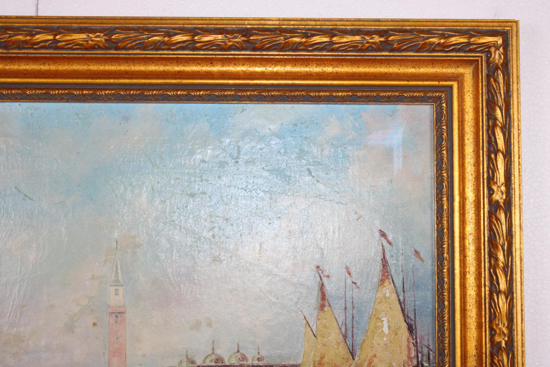 View of Venice, Original Antique Oil on Canvas, Impressionist, Large, Signed For Sale 1