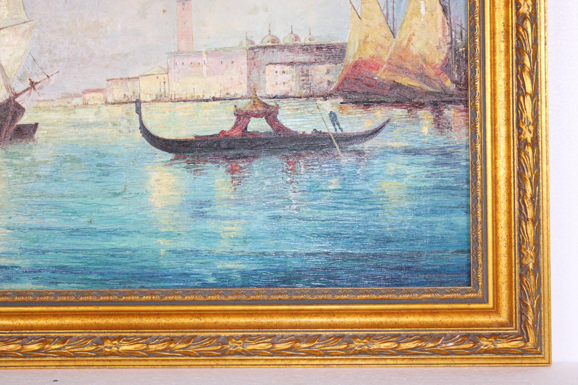 View of Venice, Original Antique Oil on Canvas, Impressionist, Large, Signed For Sale 2