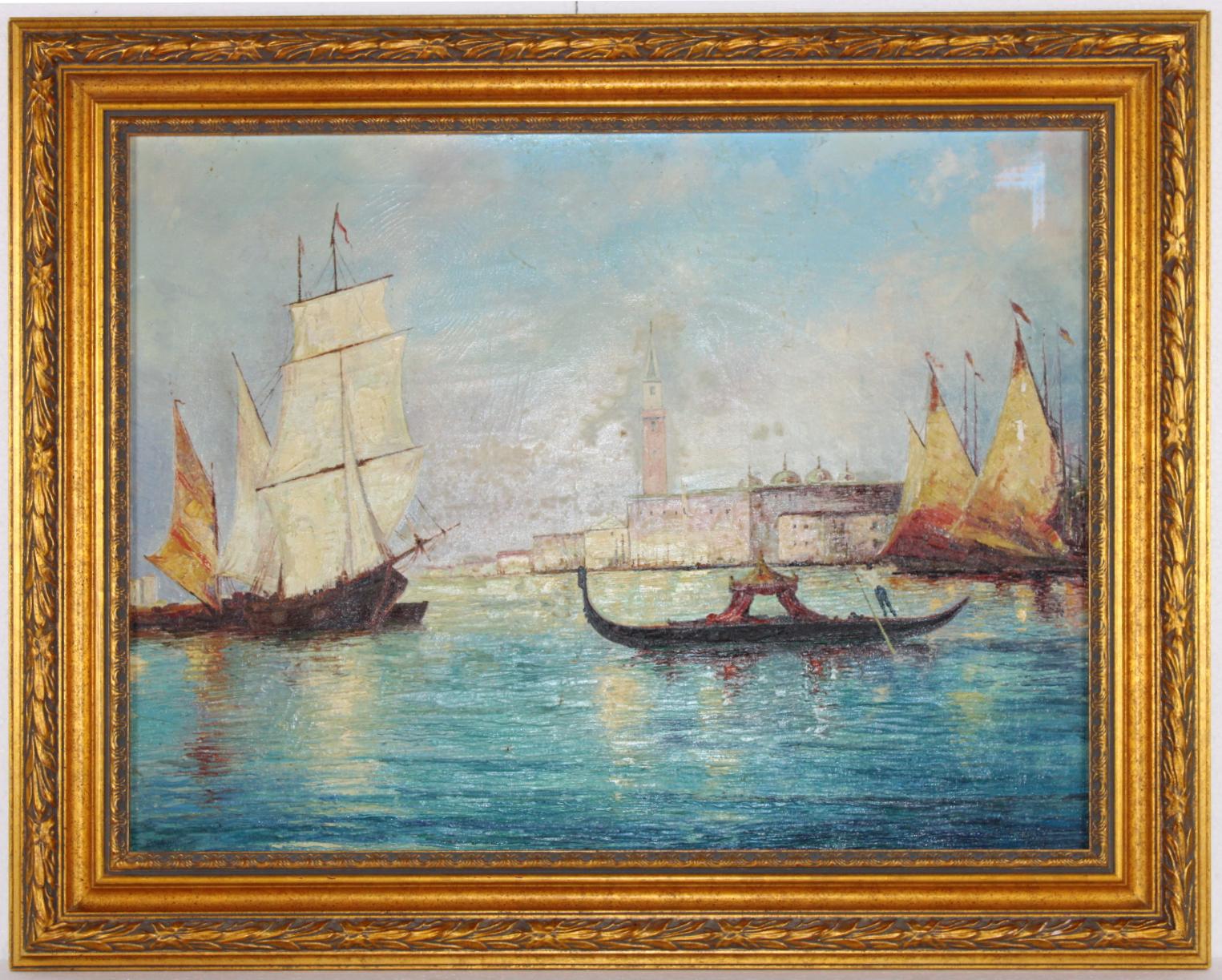 Grande huile sur toile impressionniste originale de Venise, signée