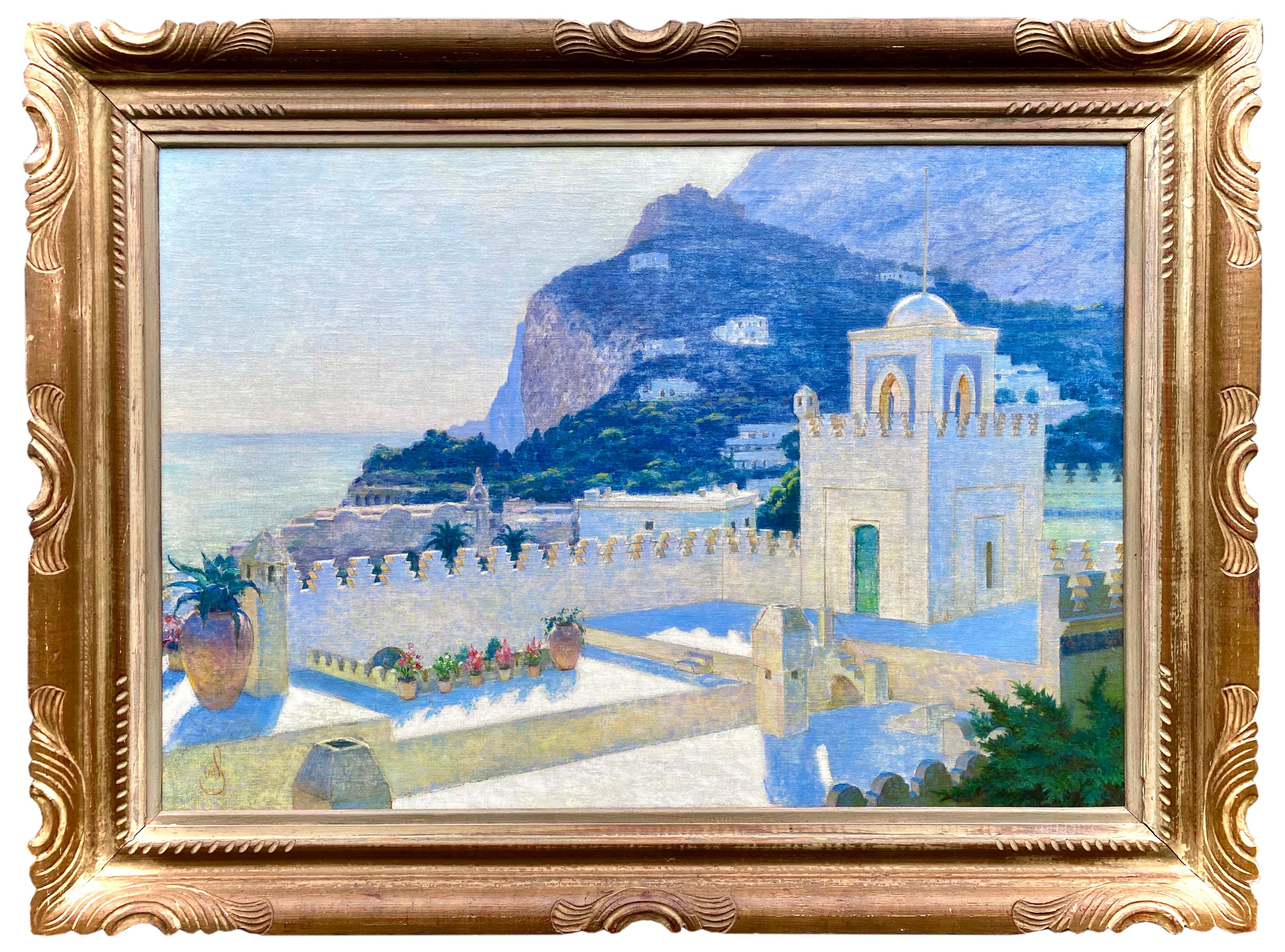 Landscape Painting Unknown - Vue de Villa Discopoli, Capri, artiste 19ème - 20ème siècle, signé par Monogram 