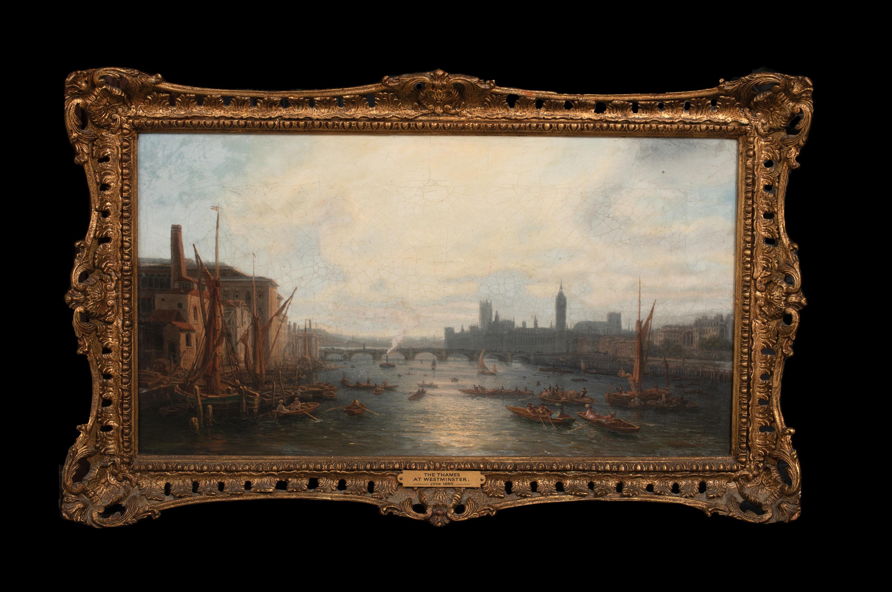 Vue de Westminster depuis la Tamise, 19e siècle  Signé indistinctement - Painting de Unknown