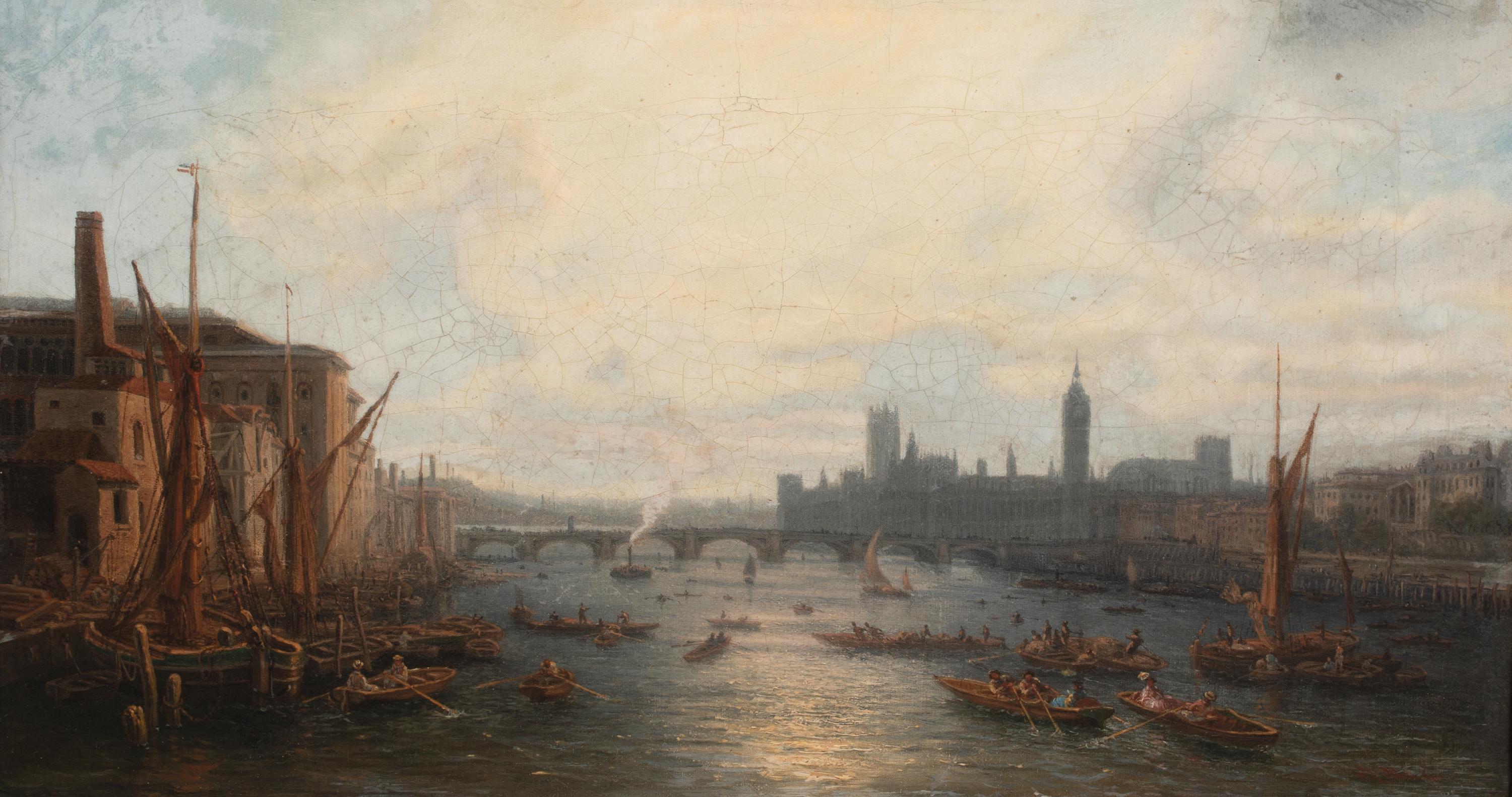 View Of Westminster From The Thames, 19th Century

Signed indistinctly

Large 19th century English School extensive view of London, looking toward Westminster from the Thames, oil on canvas. Excellent quality and condition view at sunset with busy