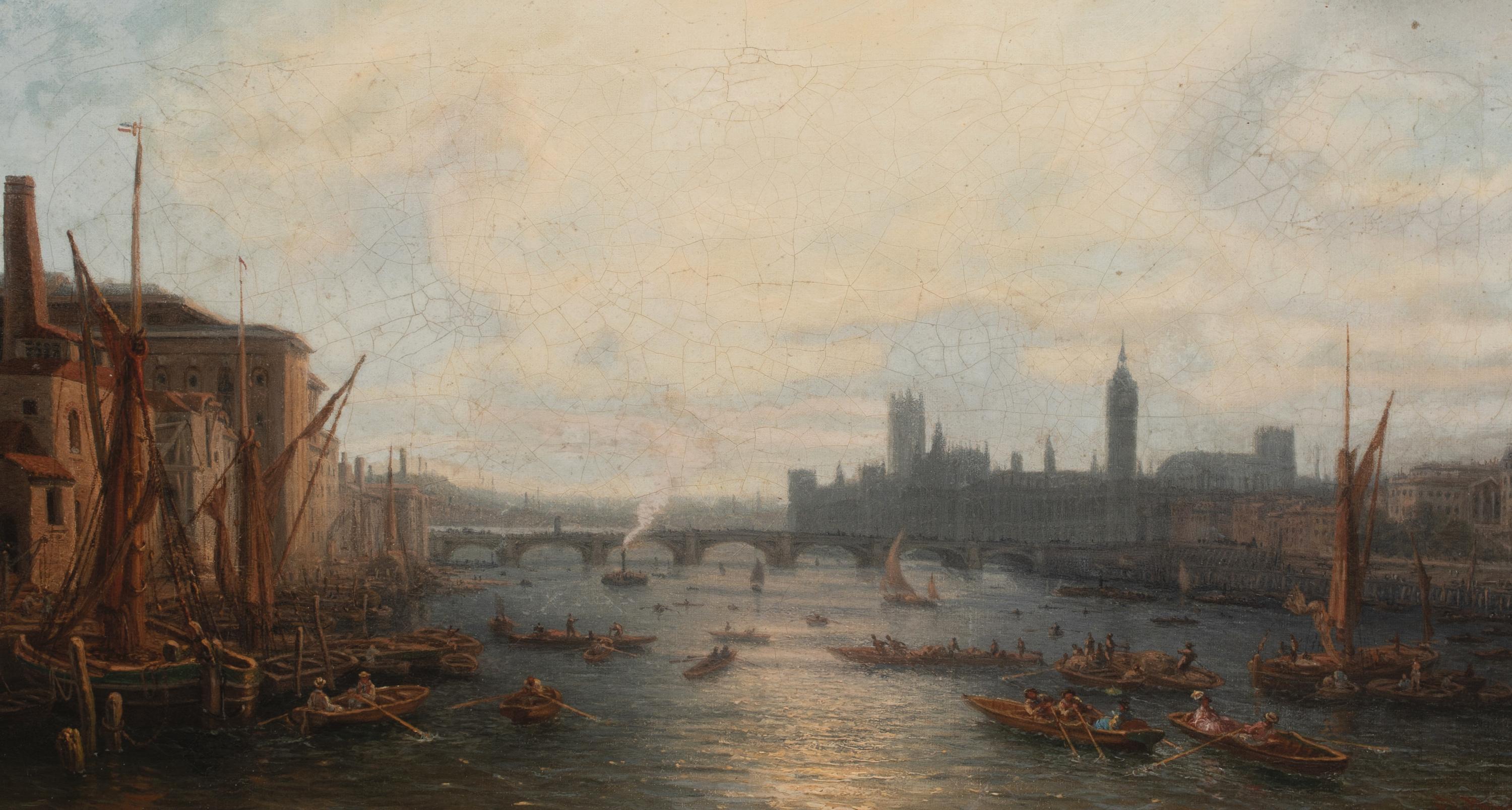View Of Westminster From The Thames, 19th Century  Signed indistinctly For Sale 2